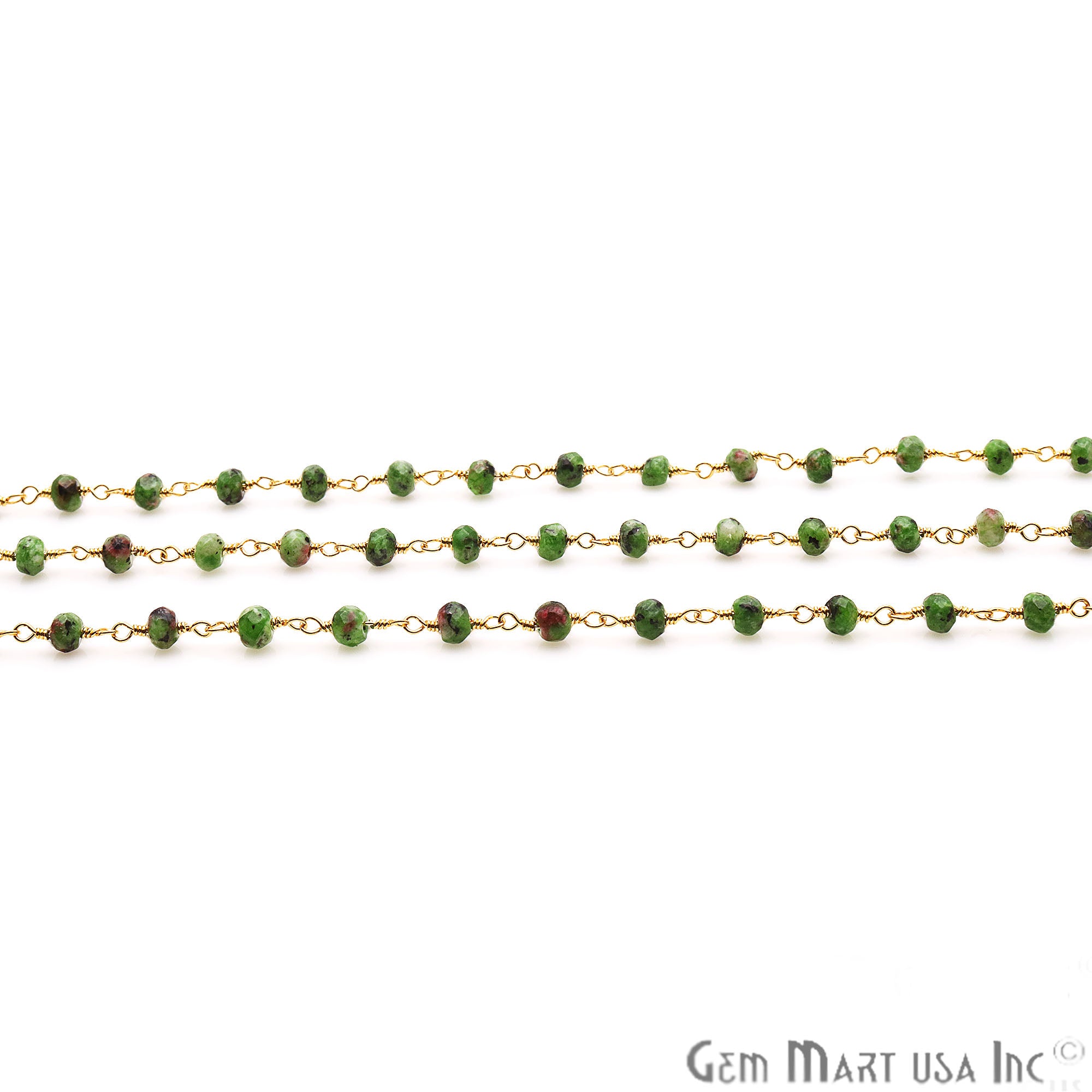 Ruby Zoisite Jade Faceted Beads 4mm Gold Plated Wire Wrapped Rosary Chain - GemMartUSA