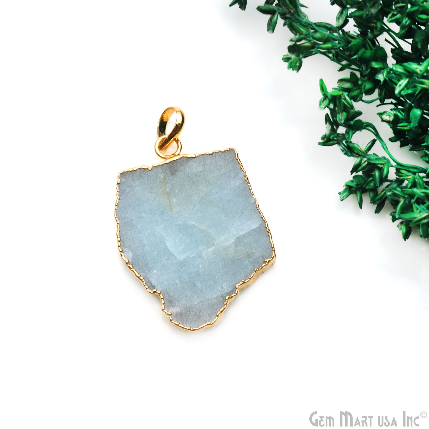 Aquamarine Free Form shape 37x26mm Gold Electroplated Gemstone Single Bail Pendant