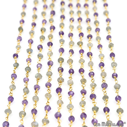 Amethyst & Labradorite 3-3.5mm Gold Plated Faceted Beads Wire Wrapped Rosary Chain