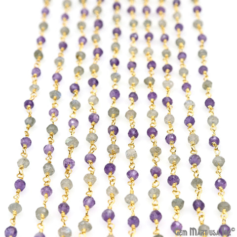 Amethyst & Labradorite 3-3.5mm Gold Plated Faceted Beads Wire Wrapped Rosary Chain