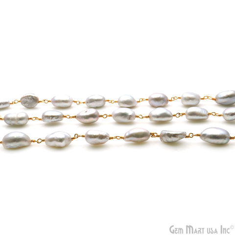 Gray Pearl Free Form Beads 10-15mm Gold Wire Wrapped Rosary Chain