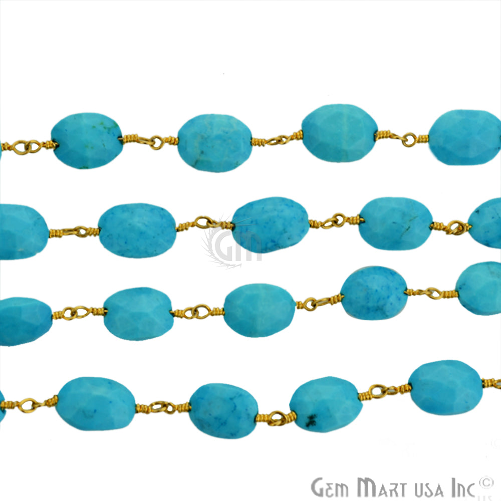 Turquoise 7x9mm Oval Gold Plated Wire Wrapped Beads Rosary Chain (762739654703)