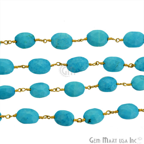 Turquoise 7x9mm Oval Gold Plated Wire Wrapped Beads Rosary Chain (762739654703)