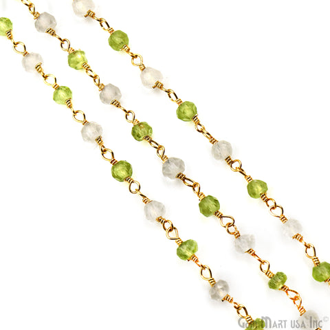 Rainbow Moonstone With Peridot 3-3.5mm Gold Plated Wire Wrapped Rosary Chain