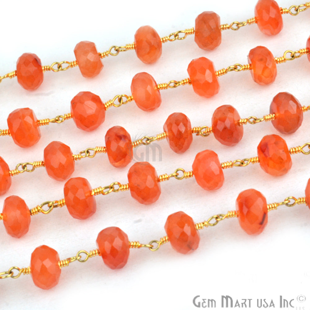Carnelian 7-8mm Beads Chain, Gold Plated Wire Wrapped Rosary Chain (762945044527)