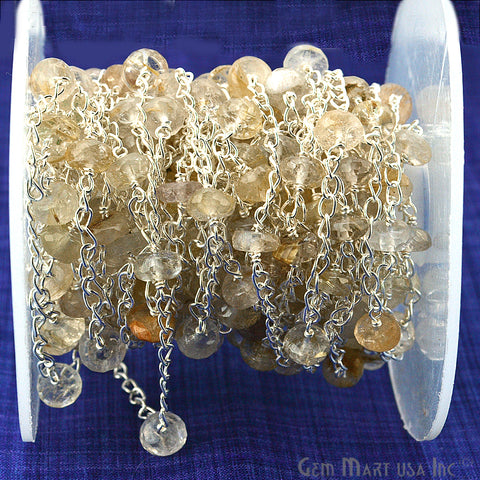 Golden Rutilated Beads Chain, Silver Plated Wire Wrapped Rosary Chain (763954987055)