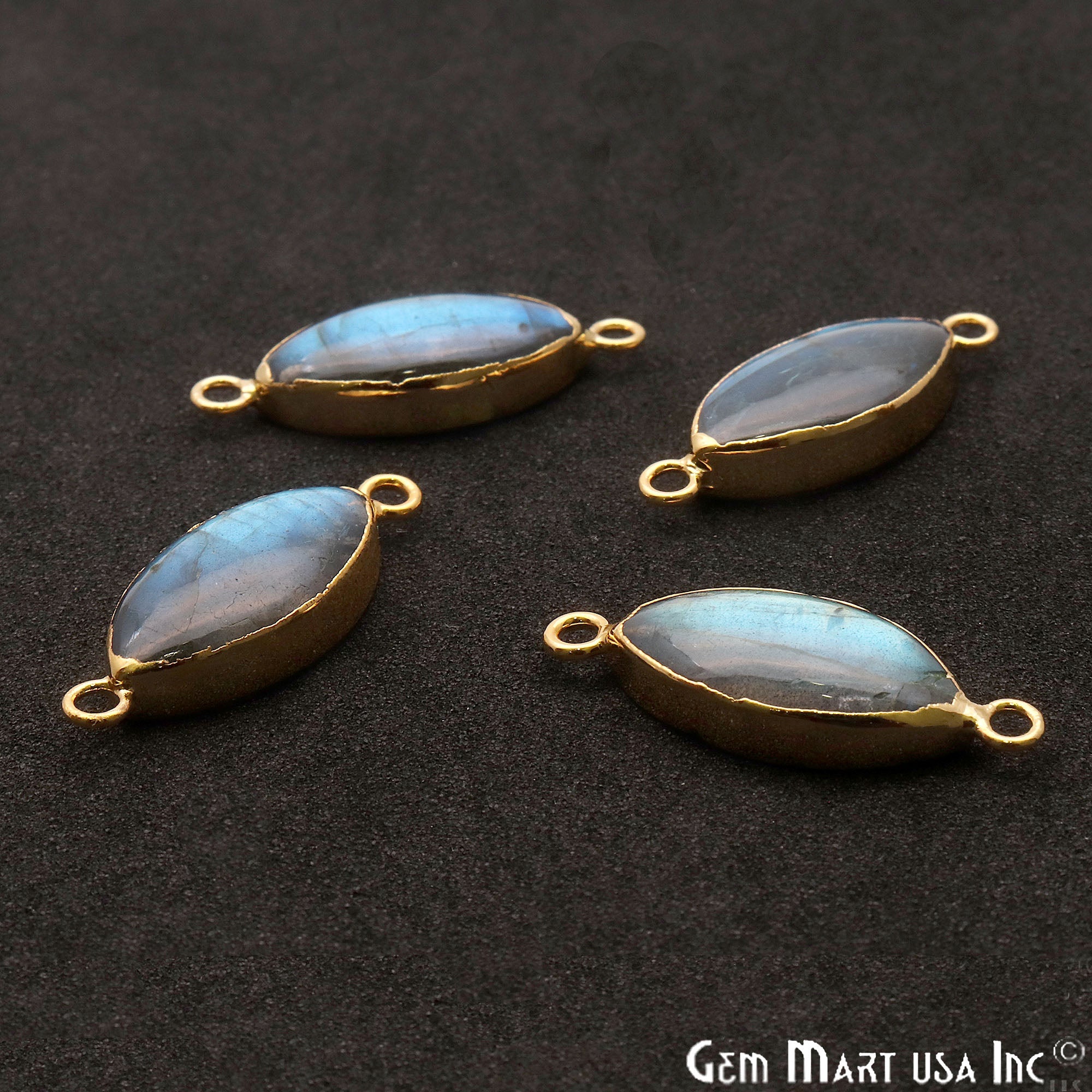 Labradorite Cabochon 26x10mm Marquise Gold Electroplated Double Bail Gemstone Connector - GemMartUSA