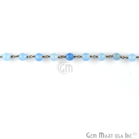 Baby Blue Jade Faceted Beads 6mm Oxidized Wire Wrapped Rosary Chain