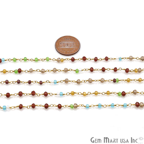 Multi Stone Zircon Faceted Beads Gold Plated Wire Wrapped Bead Fancy Rosary Chain - GemMartUSA