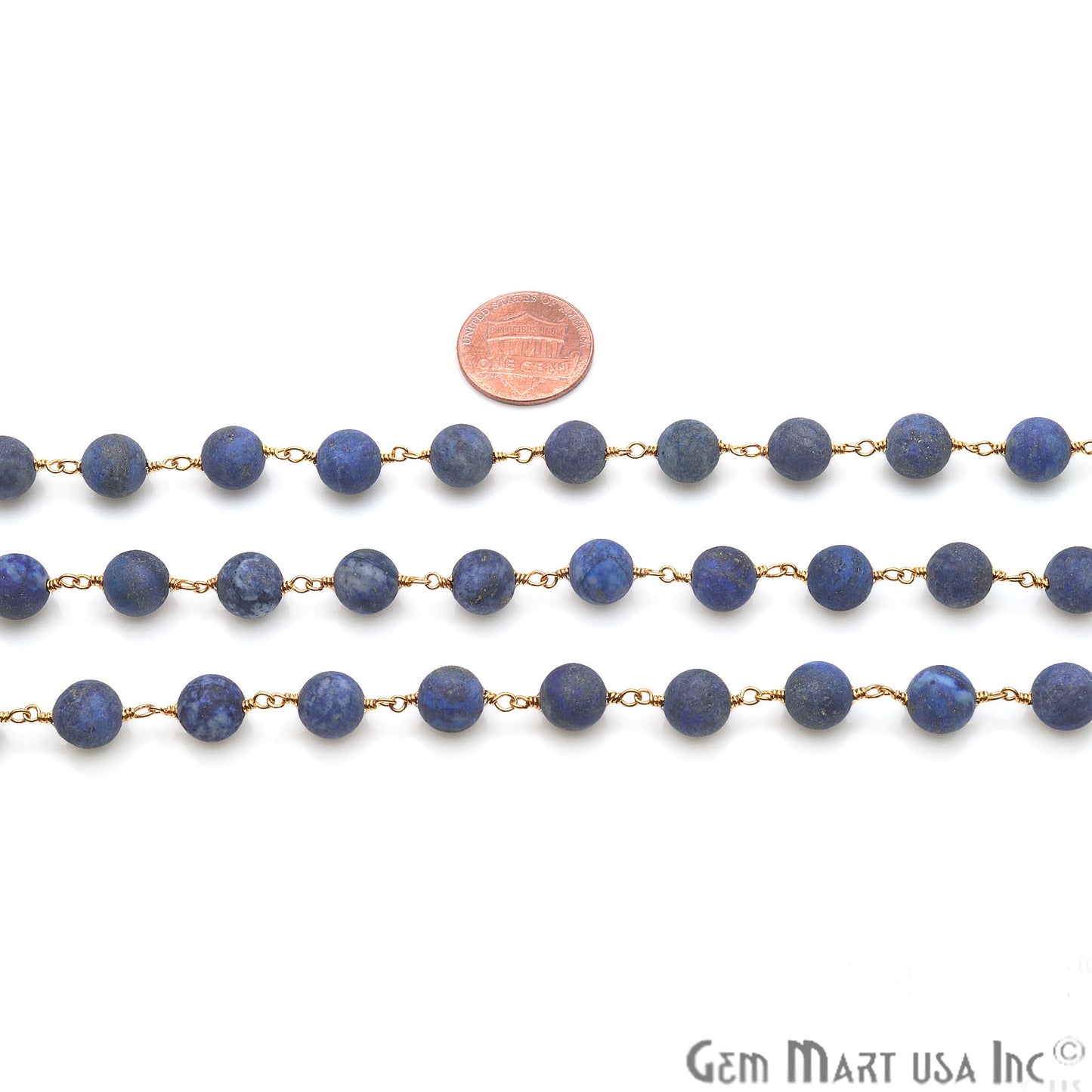 Lapis Frosted Beads 8mm Gold Plated Wire Wrapped Rosary Chain - GemMartUSA