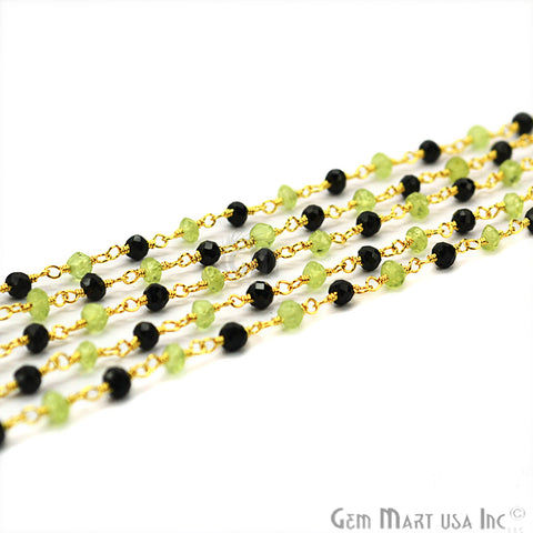 Black Spinel With Peridot Gold Plated Wire Wrapped Rosary Chain