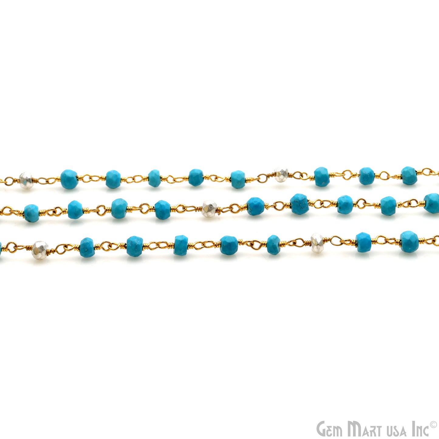 Turquoise With Silver Pyrite Gold Plated Gemstone Beads Rosary Chain