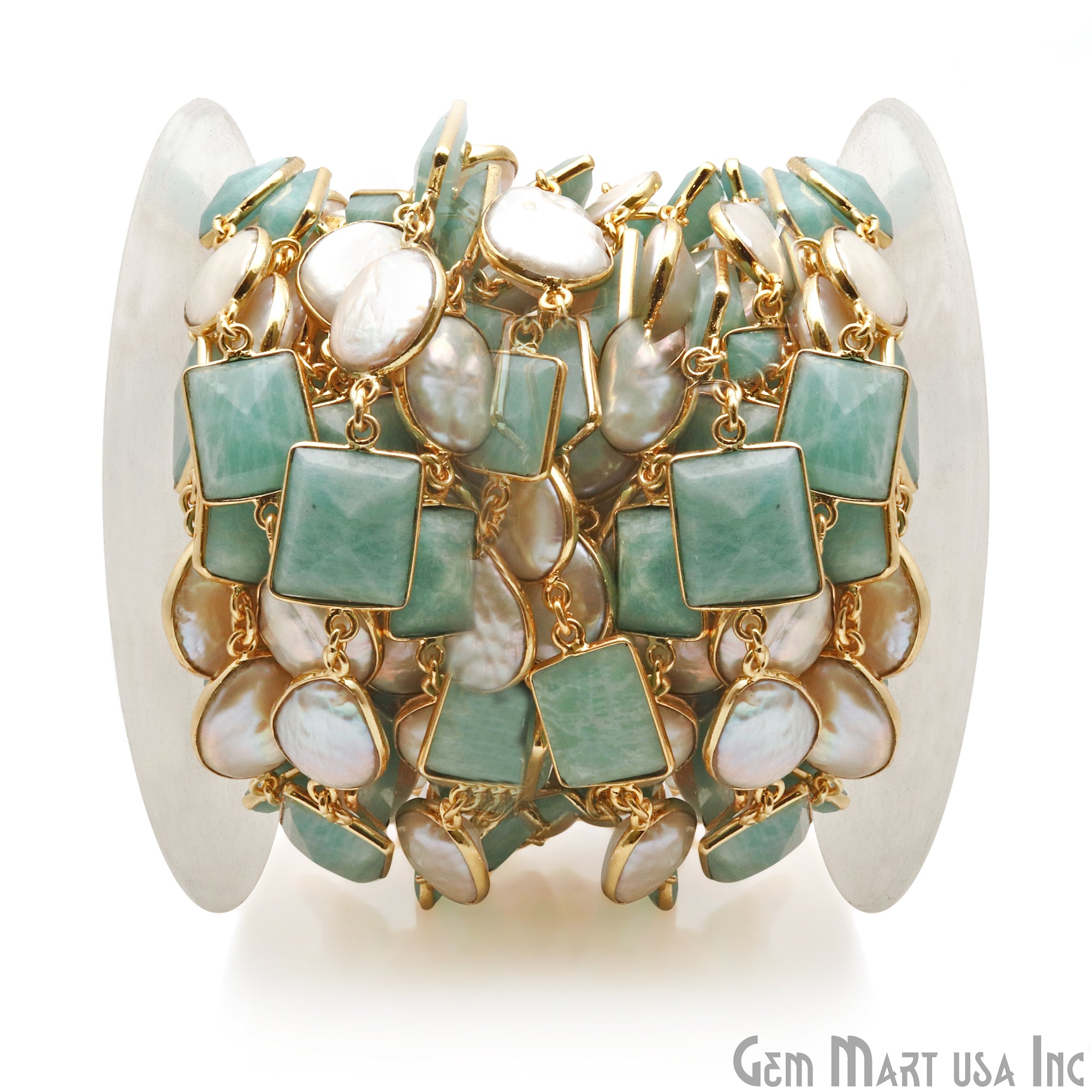 Amazonite And Pearl Bezel Gold Plated 10-15mm Continuous Connector Chain - GemMartUSA