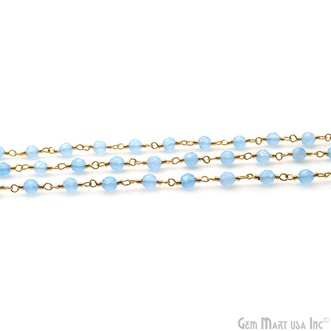 Light Blue Jade Faceted Beads 4mm Gold Plated Wire Wrapped Rosary Chain