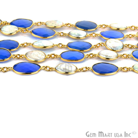 Blue Chalcedony & Pearl Gold Bezel 10-15mm Continuous Connector Chain - GemMartUSA