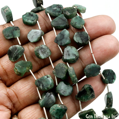 Rough Emerald Rough Beads, 9 Inch Gemstone Strands, Drilled Strung Briolette Beads, Free Form, 13x10mm