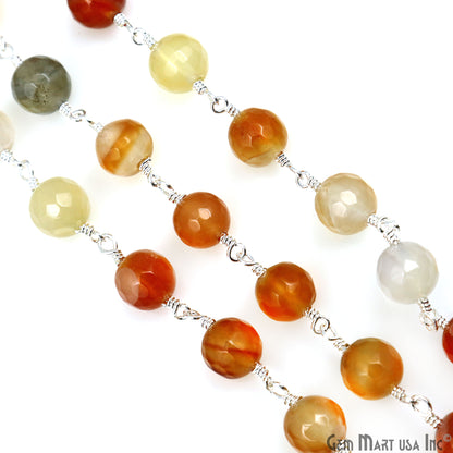 Shaded Carnelian jade Faceted Beads 8mm Silver Wire Wrapped Rosary Chain