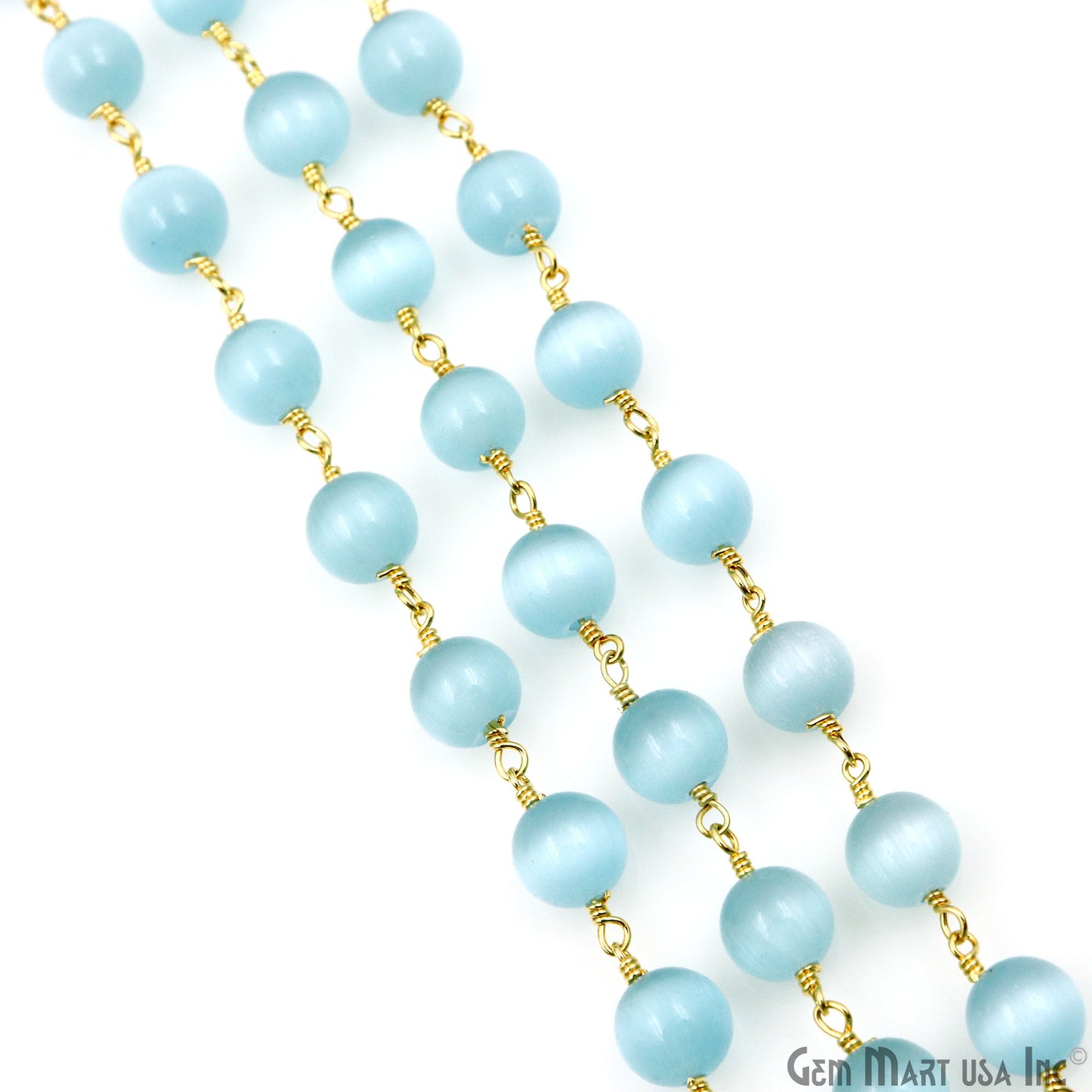 Blue Monalisa Smooth Beads 8mm Gold Plated Wire Wrapped Rosary Chain