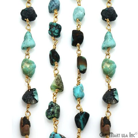 Chrysocolla 6x8mm Free Form Beads Gemstone Gold Wire Wrapped Rosary Chain