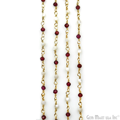 Rhodolite & Mother Of Pearl Gold Plated Wire Wrapped Gemstone Beads Rosary Chain