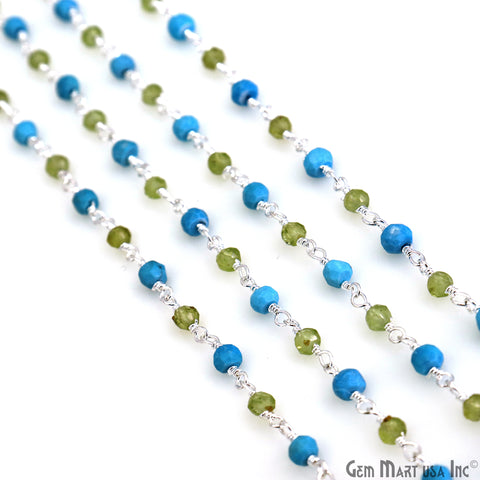 Turquoise & Peridot Bracelet 3-3.5mm Silver Plated Wire Beads Rosary Chain