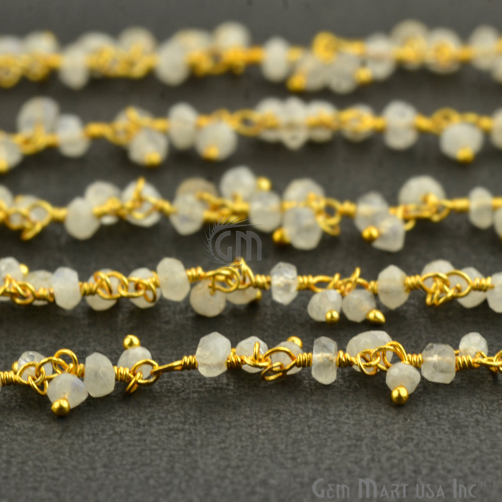Rainbow Moonstone Faceted Beads Gold Wire Wrapped Cluster Dangle Rosary Chain - GemMartUSA (764181151791)