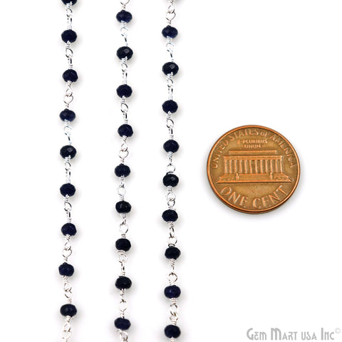 Sapphire 3-3.5mm Silver Plated Beaded Wire Wrapped Rosary Chain