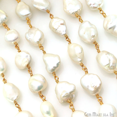 Natural Pearl Free Form 10-12mm Gold Plated Wire Wrapped Rosary Chain