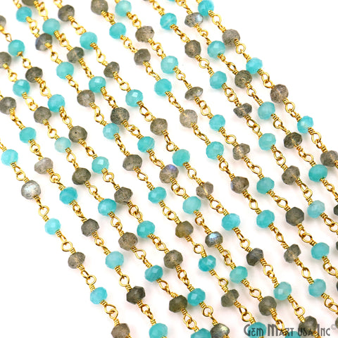 Aqua Chalcedony & Labradorite Faceted Beads 3-3.5mm Gold Plated Gemstone Rosary Chain