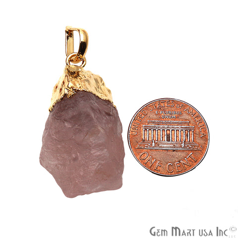 DIY Rough Rose Quartz Gemstone 31x18mm Gold Edge Necklace Pendant - GemMartUSA