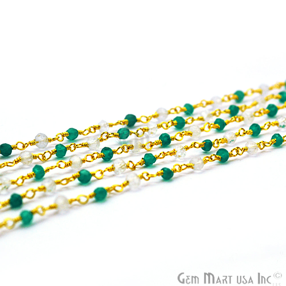 Green Onyx With Crystal Beads Rosary Chain, Gold Plated Wire Wrapped Rosary Chain