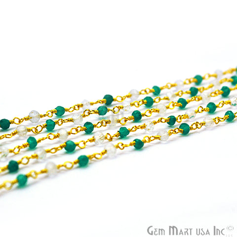 Green Onyx With Crystal Beads Rosary Chain, Gold Plated Wire Wrapped Rosary Chain