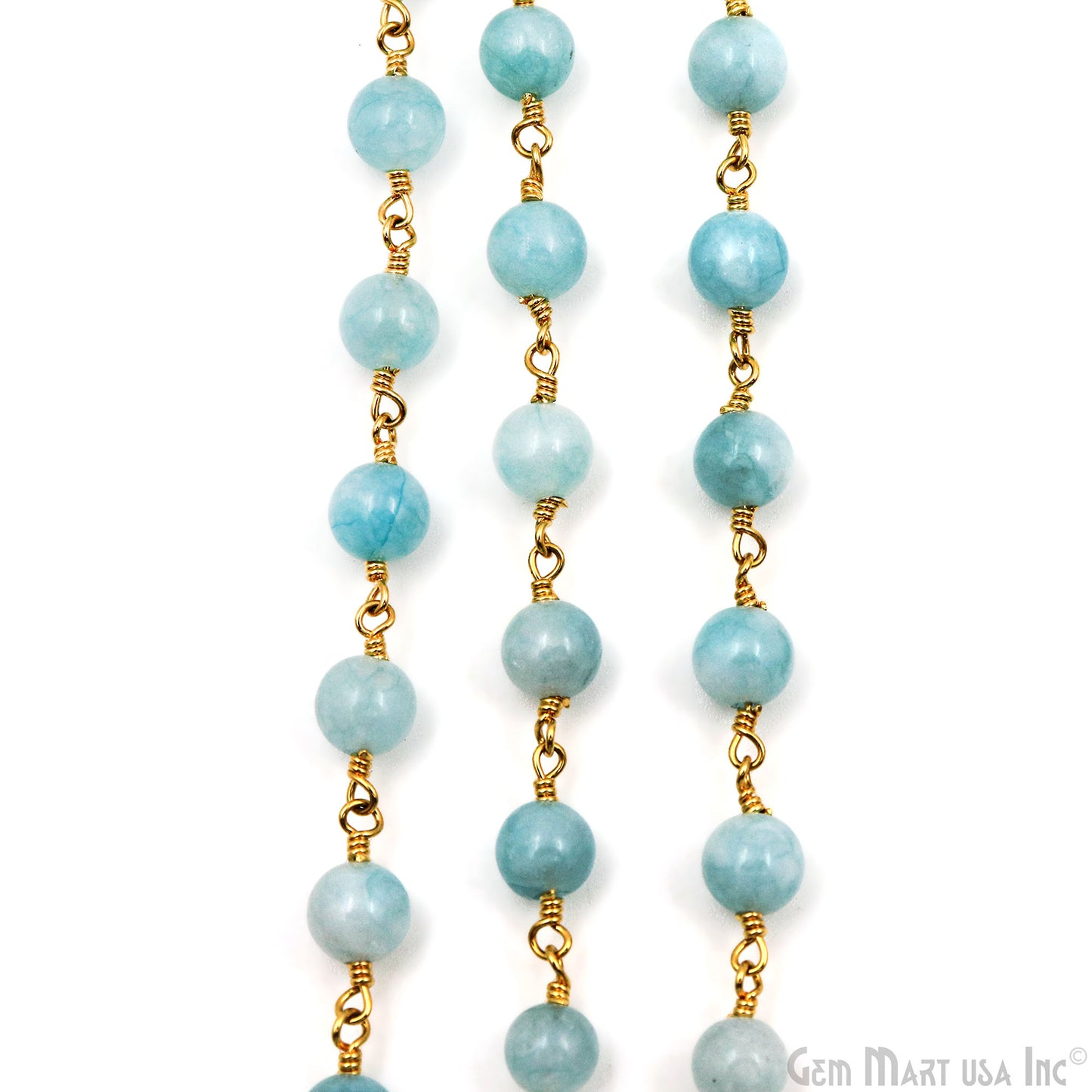 Turquoise Green Jade Cabochon Beads 6mm Gold Plated Gemstone Rosary Chain