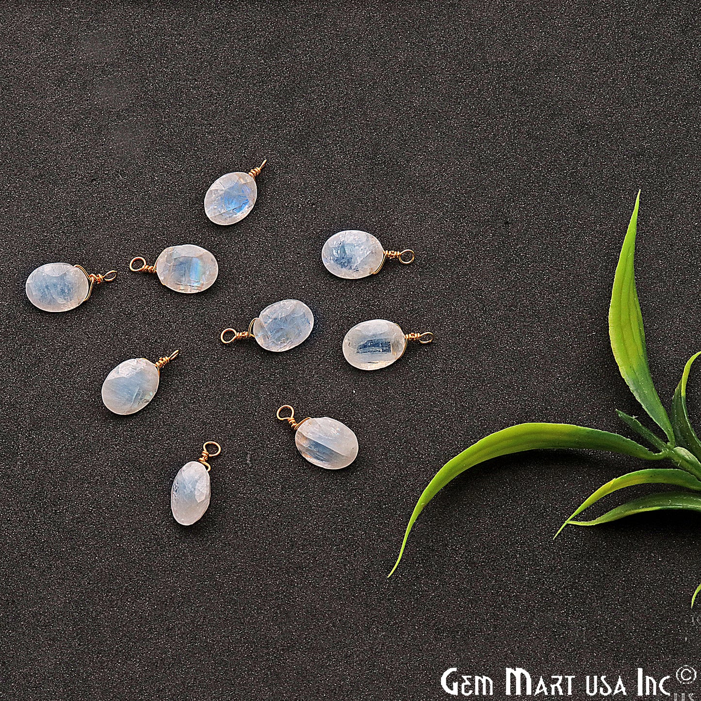 Rainbow Moonstone 8x10mm Oval Single Bail Gold Wire Wrapped Gemstone Connector - GemMartUSA