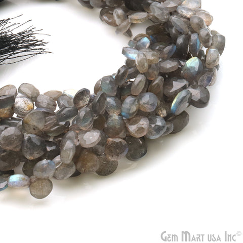 Labradorite Heart Beads, 8.5 Inch Gemstone Strands, Drilled Strung Briolette Beads, Heart Shape, 6-7mm