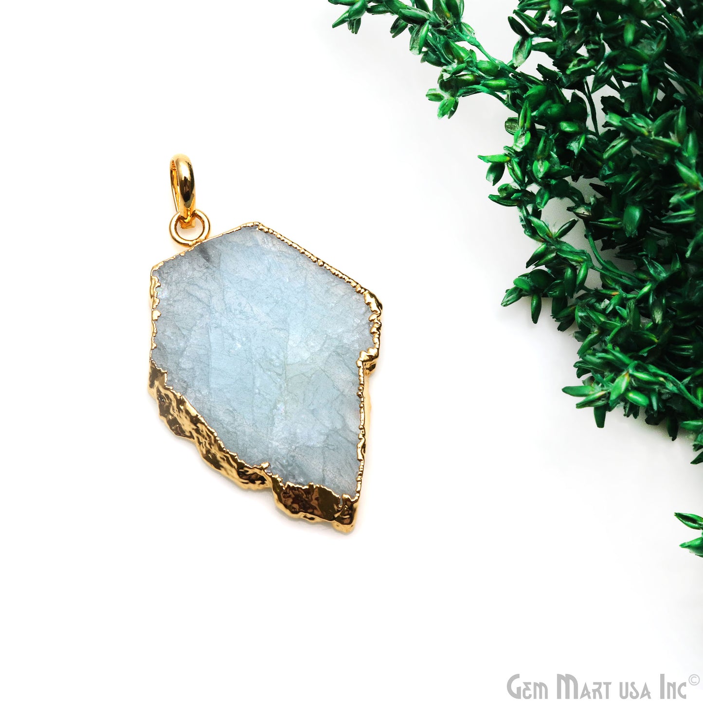 Aquamarine Free Form shape 42x28mm Gold Electroplated Gemstone Single Bail Pendant