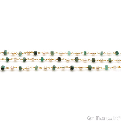 Emerald & Pearl 4-5mm Gold Wire Wrapped Rosary Chain