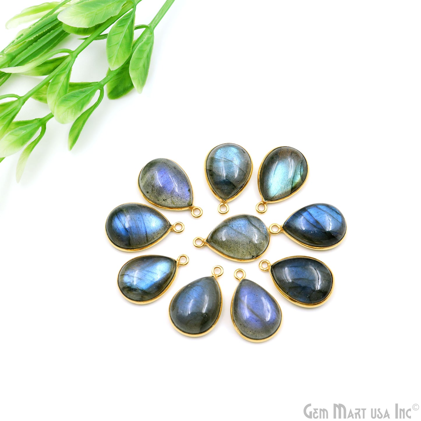 Flashy Labradorite Cabochon 12x16mm Pears Single Bail Gold Plated Gemstone Connector