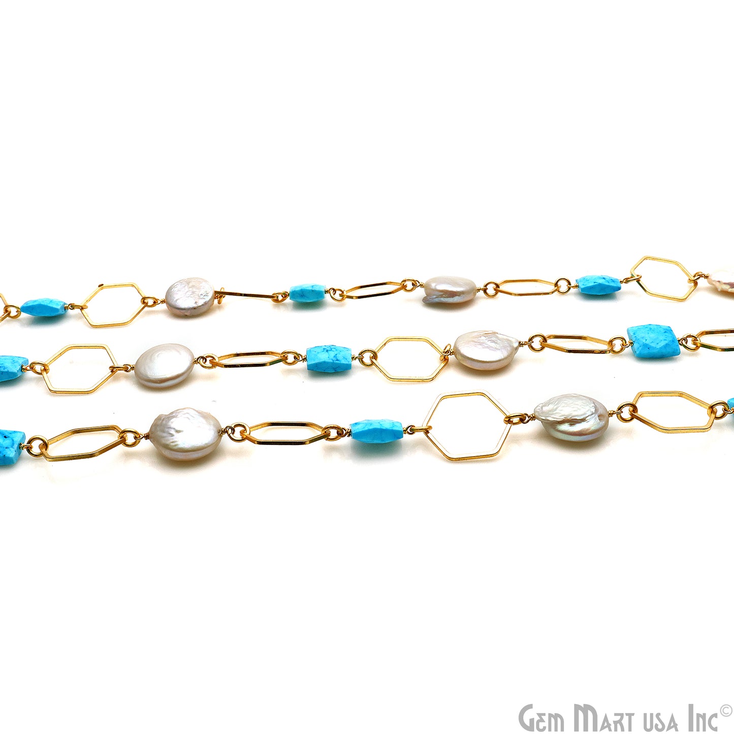 Turquoise & Pearl With Gold Hexagon Finding Rosary Chain