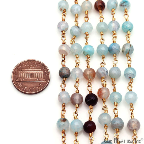 Blue Onyx Jade Cabochon 6mm Beads Gold Wire Wrapped Rosary Chain