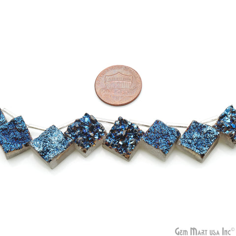 Blue Druzy Square Beads, 8 Inch Gemstone Strands, Drilled Strung Briolette Beads, Square Shape, 10-14mm