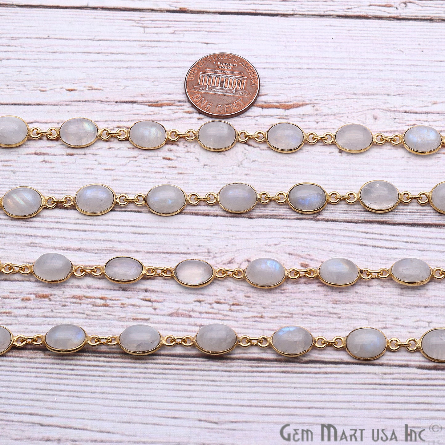 Rainbow Moonstone Cabochon 7x9mm Oval Gold Continuous Connector Chain - GemMartUSA