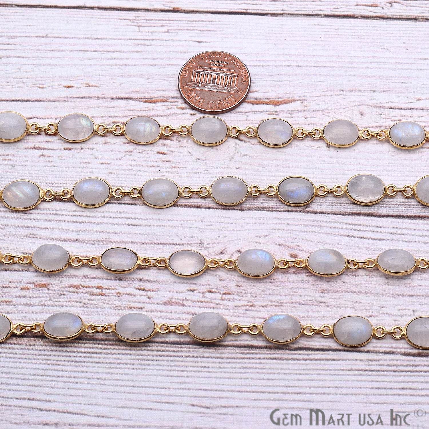Rainbow Moonstone Cabochon 7x9mm Oval Gold Continuous Connector Chain - GemMartUSA