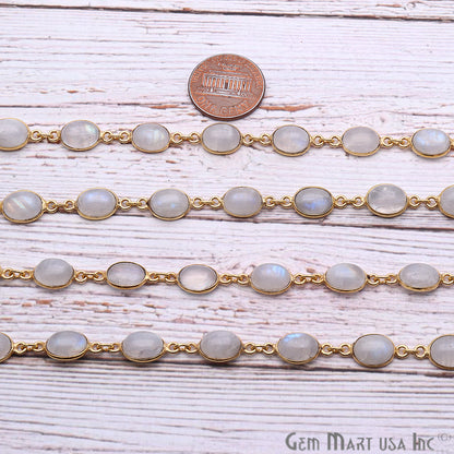 Rainbow Moonstone Cabochon 7x9mm Oval Gold Continuous Connector Chain - GemMartUSA
