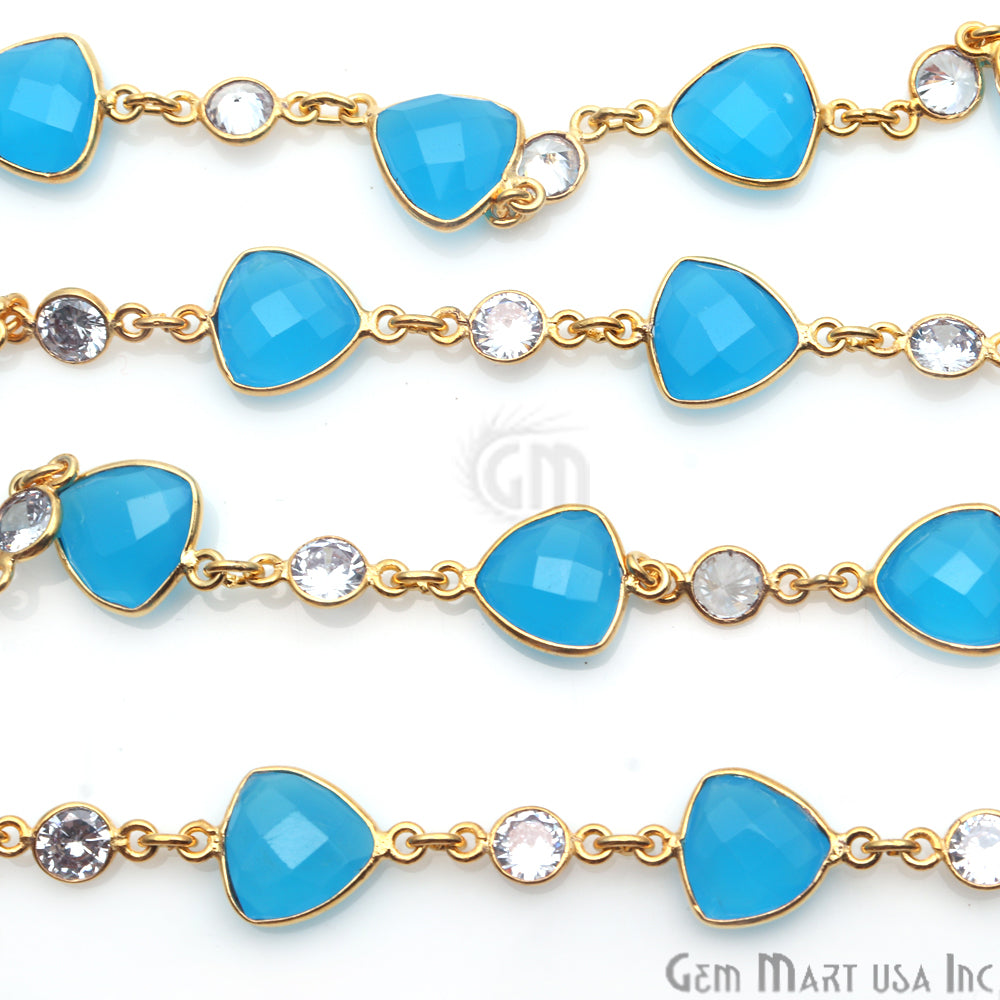 Sky Blue Chalcedony & Crystal Gold Plated Bezel Link Continuous Connector Chain - GemMartUSA
