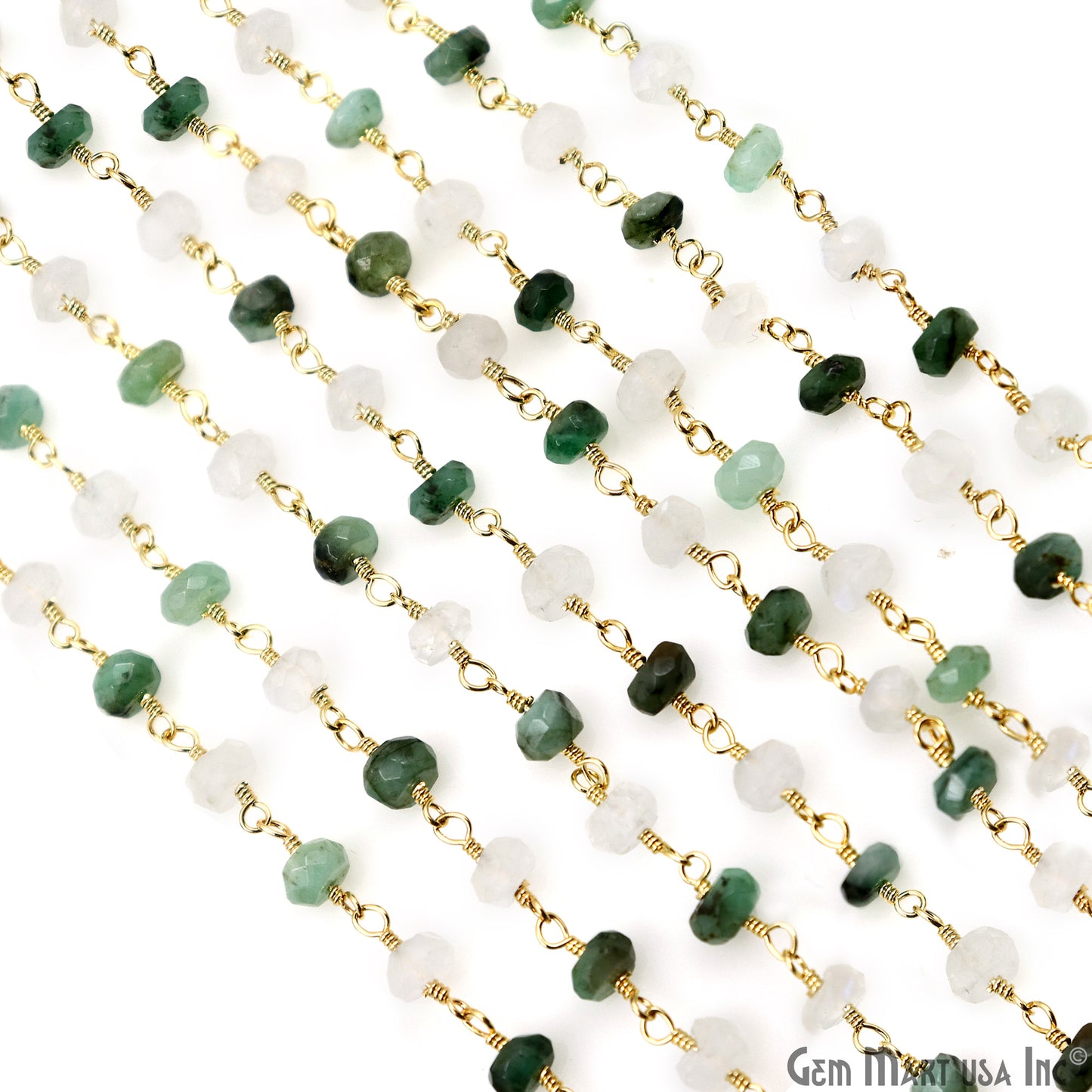 Emerald & Rainbow Faceted Beads 4mm Gold Wire Wrapped Rosary Chain