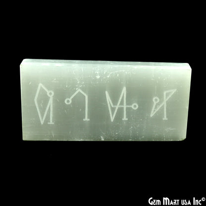 Selenite Rectangle Plate Shape 79x38mm Engraved Symbols Reiki Healing Meditation Gemstones