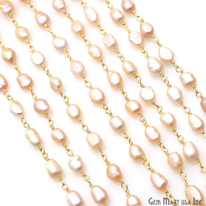 Pink Pearl Oval 5x4mm Gold Plated Beaded Wire Wrapped Rosary Chain