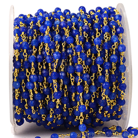 Blue Jade 4mm Beads Gold Plated Wire Wrapped Rosary Chain - GemMartUSA (762911981615)