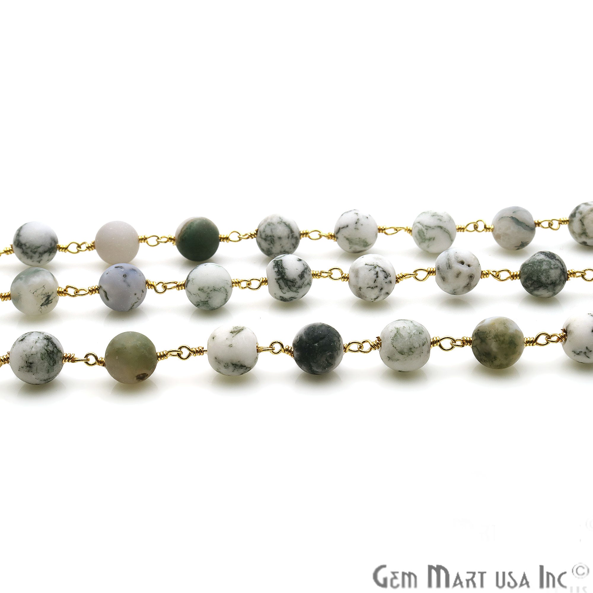 Green Agate Frosted Beads 8mm Gold Plated Wire Wrapped Rosary Chain - GemMartUSA